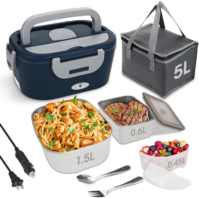 Electric Lunch Box for Adults, Heated Lunch Box with 2.55L (1.5+0.45+0.6L) container, 12V/24V/110V Portable Food Warmer for Work/Travel/Car/Truck with SS Fork & Spoon and Insulated Carry Bag