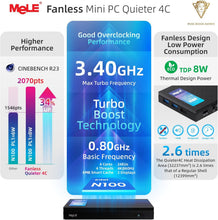 Load image into Gallery viewer, MeLE Fanless Mini PC Quieter 4C, N100 16GB RAM 512GB Storage Win 11 Mini Computers, Micro PC with Full-Functional USB-C, 2.4G/5G WiFi, 4K Triple Screen on Home, Office, Education, Astrophotography

