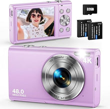 Load image into Gallery viewer, Digital Camera, Autofocus 48MP UHD 4K Vlogging Camera 16X Digital Zoom, Portable Compact Point and Shoot Digital Camera for Teens Adult Beginner with 32GB Card, 2 Batteries, Lanyard(Purple)
