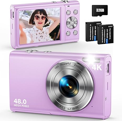 Digital Camera, Autofocus 48MP UHD 4K Vlogging Camera 16X Digital Zoom, Portable Compact Point and Shoot Digital Camera for Teens Adult Beginner with 32GB Card, 2 Batteries, Lanyard(Purple)