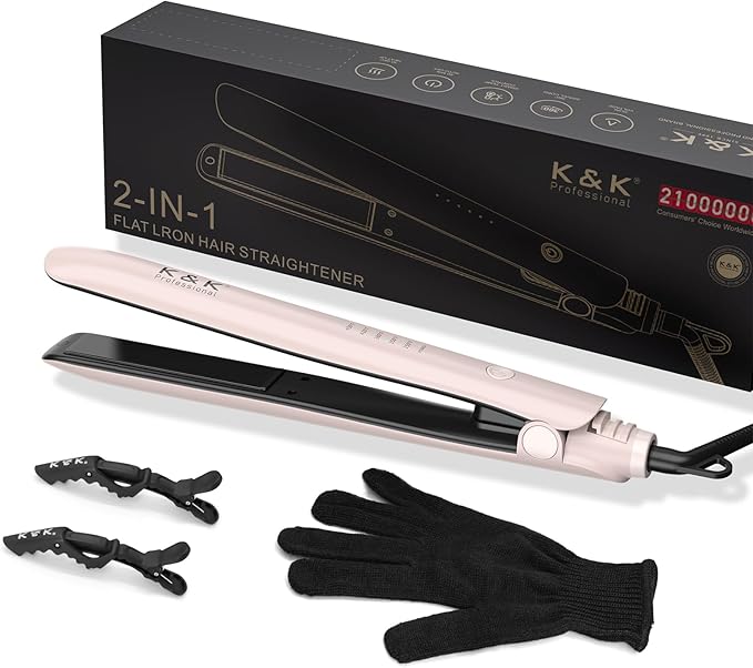 1 inch Hair Straightener Iron Ceramic Flat Iron 450 Degrees Hair Straightener and Curler 2 in 1 15s Fast Heat Straightening Iron for Hair (Pink)