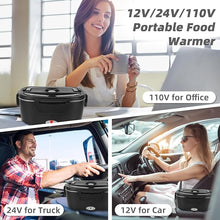 Load image into Gallery viewer, Electric Lunch Box, 12V/24V/110V Portable Food Warmer with SS Fork &amp; Spoon for Car/Truck/Office, 80W Self Heating Lunch Box with 1.5L Container &amp; 0.45L PP Fruit Box Matte Black
