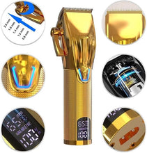 Load image into Gallery viewer, Professional Hair Clippers for Men Electric Beard Trimmer Cordless Barber Clippers for Hair Cutting with T-Blade Edgers Rechargeable Hair Clipper and Trimmer Kit with LED Mens Christmas Gifts (Gold)
