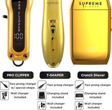 Load image into Gallery viewer, Supreme Trimmer 3-in-1 Barber Bundle | Pro Clipper, T-Shaper Trimmer &amp; Crunch Foil Shaver | Professional Beard Trimmer Men’s Hair Clipper Kit | Gold
