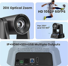 Load image into Gallery viewer, 20X Optical Zoom PTZ Camera HDMI IP Live Streaming SDI USB3.0 1080P 60fps PoE Supports for Church Services Worship Education Video Conference with OBS vMix Wirecast Zoom Skype and More
