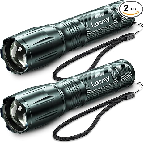 LETMY Tactical Flashlight - 2 Pack Bright Military Grade LED Flashlights High Lumens - Portable Handheld Flash Light, 5 Modes Zoomable Waterproof Flashlights for Home Emergency Camping- Gray