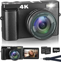 Load image into Gallery viewer, 4K Digital Camera with Flash, 48MP Camera for Photography Teens Adults Autofocus Vlogging and YouTube Cameras with Flip Screen, Anti-Shake, 16X Digital Zoom, 32GB Card, Two Batteries, Lanyard
