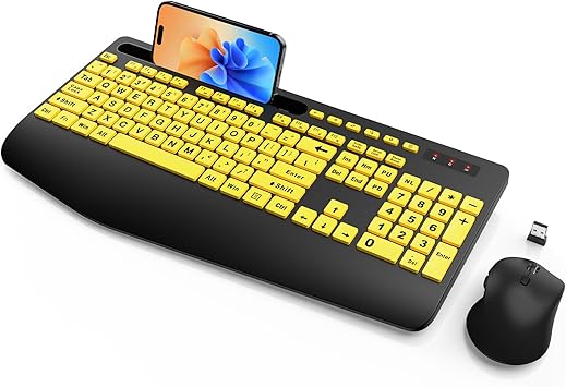 SABLUTE Wireless Keyboard and Mouse, Wrist Rest, Large Print, Phone Holder, 2.4G Ergonomic Keyboards Mouse Combo, Silent Cordless High Contrast Set for Low Vision and The Elderly, Battery Powered