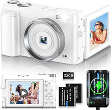 Load image into Gallery viewer, 4K Digital Camera for Photography Autofocus 48MP Vlogging Camera for YouTube with 3&#39;&#39; 180°Flip Screen 16X Digital Zoom 4K Video Compact Travel Camera with SD Card,Flash, Anti-Shake (White)
