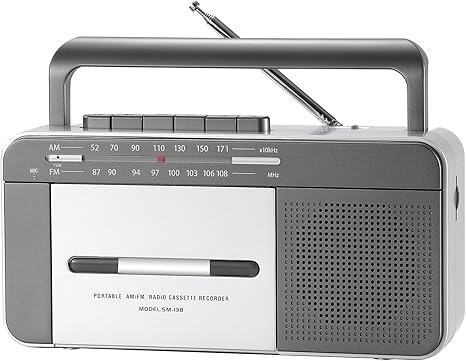 Portable Cassette Tape Player with AM FM, Record to Cassettes via Build-in Mic, C Battery Operated or AC Powered Radio Cassette Recorder with 6W Speaker, Earphone Jack and Retractable Handle