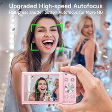 Load image into Gallery viewer, Digital Camera, Autofocus 48MP UHD 4K Vlogging Camera 16X Digital Zoom, Portable Compact Point and Shoot Digital Camera for Teens Adult Beginner with 32GB Card, 2 Batteries, Lanyard(Pink)
