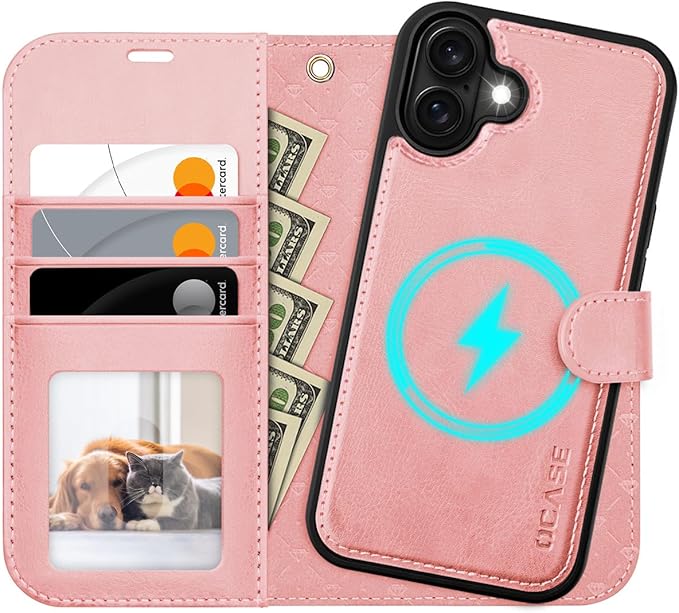 OCASE for iPhone 16 Case Detachable Wallet Case with Card Holder, 2 in 1 Pu Leather Flip Folio with RFID Blocking Stand Wrist Strap Shockproof Phone Cover 6.1 Inch 2024, Light Pink