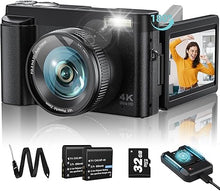 Load image into Gallery viewer, Upgrade 4K Digital Camera for Photography 48MP with 3&#39;&#39; 180° Flip Screen 16X Zoom Autofocus Vlogging Camera for YouTube, Compact Point and Shoot Cameras with 32G Card, 2 Batteries &amp; Battery Charger
