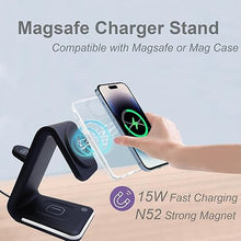 Load image into Gallery viewer, Magnetic Wireless Charger Stand 15W Fast Mag-Safe Charger 3-in-1 Charging Station with Sleep-Friendly Light for iPhone 16/16 Pro/16 Plus/16 Pro Max/15/14/13/12 Series, Apple Watch, AirPods
