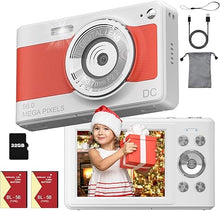 Load image into Gallery viewer, Digital Camera FHD 1080P Video Camera Kids, 56M Compact Kids Digital Camera with 32GB Memory Card,2 Batteries-Orange-White
