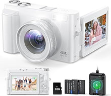 Load image into Gallery viewer, 4K Digital Camera for Photography and Video, Autofocus Anti-Shake 48MP Vlogging Camera for YouTube, 3&#39;&#39; 180°Flip Screen Camera with Flash 16X Zoom, Digital Camera with 32GB Card Battery Charger White
