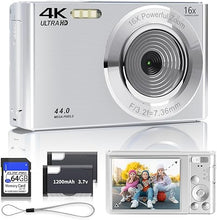 Load image into Gallery viewer, Digital Camera 2024 4K 44MP Digital Cameras for Teens, Silver Digital Point and Shoot Camera for Kids with 16X Zoom, 64GB SD Card, Compact Small Camera for Boys Girls Teens Kids Gift
