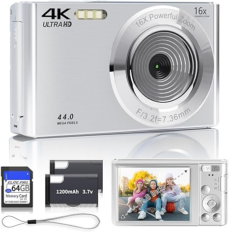 Digital Camera 2024 4K 44MP Digital Cameras for Teens, Silver Digital Point and Shoot Camera for Kids with 16X Zoom, 64GB SD Card, Compact Small Camera for Boys Girls Teens Kids Gift