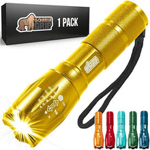 Load image into Gallery viewer, Gorilla Grip Powerful LED 750 FT Water Resistant 5 Adjustable Mode Tactical Flashlight, High Lumens Ultra Bright Battery Life Zoom Flashlights, Small Camping Car Mini Flash Light Accessories, Gold
