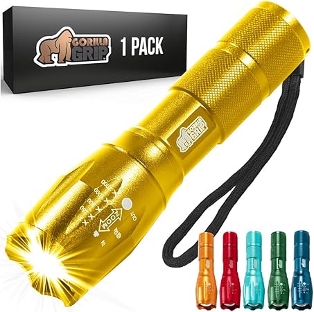 Gorilla Grip Powerful LED 750 FT Water Resistant 5 Adjustable Mode Tactical Flashlight, High Lumens Ultra Bright Battery Life Zoom Flashlights, Small Camping Car Mini Flash Light Accessories, Gold