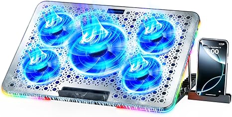 LIANGSTAR Laptop Cooling Pad, Laptop Cooler Gaming 5 Quiet Fans with Large Metal Plate for 12-17.3 Inch Fan Stable Stand, 4 Modes RGB Light, 7 Height & Adjust Speed, 2 USB Port & Phone Holder