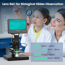 Load image into Gallery viewer, JL246PS 3 Lens HDMI Digital Microscope, UHD 4000× 24MP Biological Microscope with Prepared Slides, Coin Microscope for Full-Size Coin Error Coins, 7&#39;&#39; LCD Screen, Windows PC Compatible, 32GB
