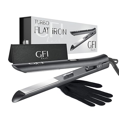 GFI Hair Straightener - Turbo Heating Element - Titanium Flat Iron - Straightens & Curls Any Hair Type - Temperature Control - Pouch & Glove Included