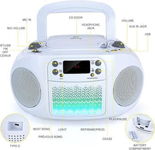 Load image into Gallery viewer, hPlay GC09 Kids Boombox, Top Loading CD Player, Bluetooth connectivity for Smartphones, Effortless AUX, USB, Radio and MP3 connectivity, Sing Along Function (Microphone not Included)- White
