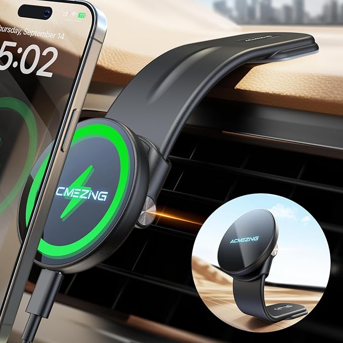 15W for iPhone MagSafe Car Mount Charger, 360% Adjustable Aluminum Alloy Arm, Relocatable Car Phone Holder, Magnetic Wireless Fast Charging, Cell Phone Holder for All Car Models, Black