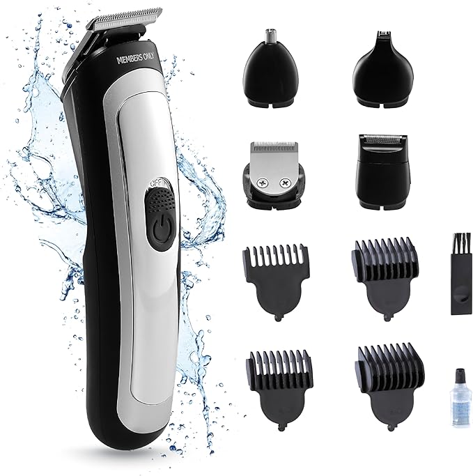 Members Only Trimmer for Men, Premium Lithium Cordless Hair and Beard Trimmer Kit, 5 Interchangeable Heads, Smart LED Power Display, USB Rechargeable Battery, 4 Trimmer Guides