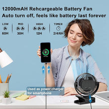 Load image into Gallery viewer, Portable Fan with Remote Control &amp; Timer &amp; LED Lights, 60hrs 12000mAh USB Rechargeable Battery Fan Could Clamp/Hanging/Stand Up, Small Clip on Fan for Baby Stroller, Bed, Desk, Camping Tent, Travel
