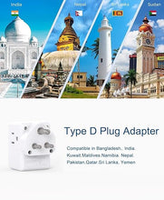 Load image into Gallery viewer, 2 Pack India Power Adapter, One Beat Type D Plug Adapter with 3 American Outlets 3 USB Ports(1USB C), 6 in 1 India Travel Plug Adapter for US to India, Bangladesh, Kuwait, Maldives
