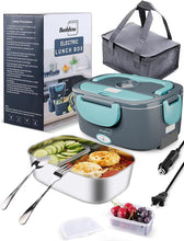 Load image into Gallery viewer, Buddew Electric Lunch Box 80W Food Heater for Adults, 12/24/110V Portable Lunch Warmer Upgraded Heated Lunch Box for Car/Truck/Office with SS Fork&amp;Spoon and Insulated Carry Bag (Blue)
