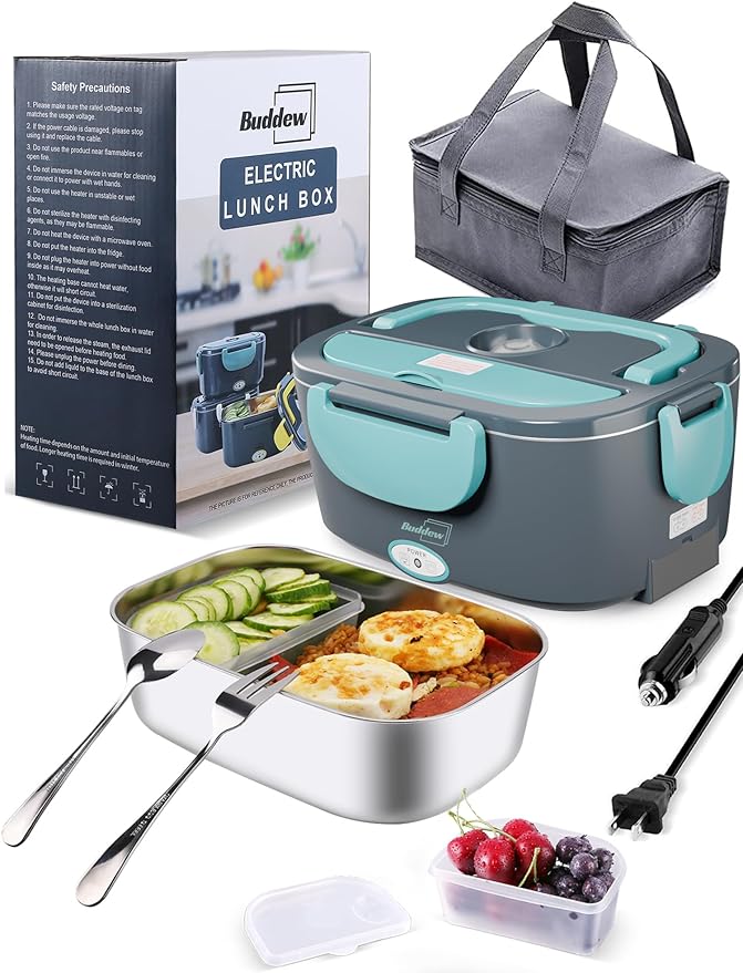 Buddew Electric Lunch Box 80W Food Heater for Adults, 12/24/110V Portable Lunch Warmer Upgraded Heated Lunch Box for Car/Truck/Office with SS Fork&Spoon and Insulated Carry Bag (Blue)