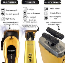 Load image into Gallery viewer, Supreme Trimmer 3-in-1 Barber Bundle | Pro Clipper, T-Shaper Trimmer &amp; Crunch Foil Shaver | Professional Beard Trimmer Men’s Hair Clipper Kit | Gold
