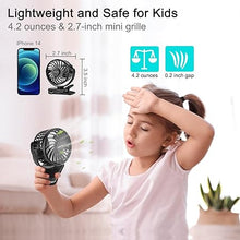 Load image into Gallery viewer, 2.7 Inch Small Fan for Kids, Tiny Fan Clip on Backpack, Umbrella, Neck, USB &amp; Battery Operated Portable Fan for Personal Outdoor Cooling, 4.2 Oz Light Weight for Kids and Women
