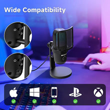 Load image into Gallery viewer, Retekess TG201 Gaming Microphone, Noise Cancellation Condenser mic with Mute, Turnable RGB Lights, Monitoring, Card/Omin, Microphone for pc, Compatible with PS4/5, MacOS, Windows
