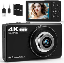 Load image into Gallery viewer, Digital Camera for Photography with 5X Optical Zoom, 4K WiFi Vlogging Camera for YouTube with Autofocus, 64MP Compact Travel Camera with 32GB Card, 2 Batteries for Beginners and Teens(Black)
