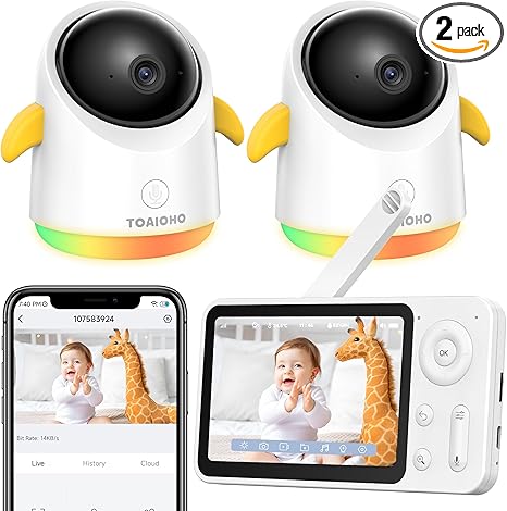 Baby Monitor with 2 Cameras and Audio- Baby Camera Monitor WiFi/No WiFi Double Control Night Vision 4.3' Screen 2-Way Talk Temperature & Humidity Sensor Lullabies Motion & Noise Detection iOS/Android