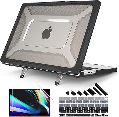 Batianda Compatible with M3 MacBook Pro 14 inch Case 2023 2021 Release A2918/A2992 Model, Heavy Duty Honeycomb Design Protective Hard Shell with TPU Bumper and Fold Kickstand with Keyboard Cover,Black