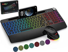 Load image into Gallery viewer, BlueFinger Wireless Keyboard and Mouse Combo Backlit, 2.4G Rechargeable Ergonomic Gaming Keyboard with Wrist Rest, Phone Holder, Volume Knob, Silent Light Up Keyboard with Mouse for Computer Laptop
