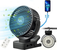 Load image into Gallery viewer, Portable Fan with Remote Control &amp; Timer &amp; LED Lights, 60hrs 12000mAh USB Rechargeable Battery Fan Could Clamp/Hanging/Stand Up, Small Clip on Fan for Baby Stroller, Bed, Desk, Camping Tent, Travel
