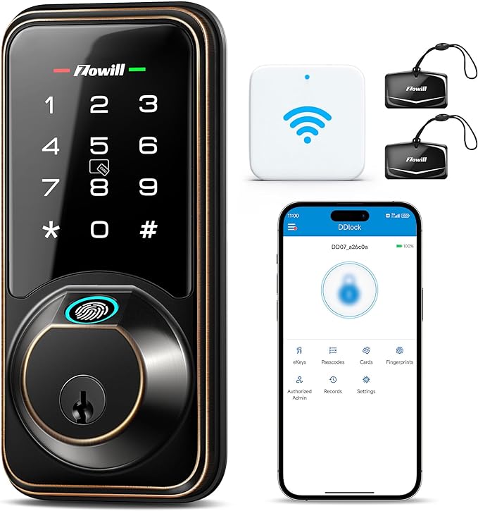 WiFi Smart Lock, Zowill DK07G Fingerprint Door Lock with APP & Voice Control, 7-in-1 Smart Door Lock for Front Door, Touchscreen Keyless Entry Door Lock, Work with Alexa, Ekey Sharing, Auto Lock