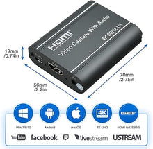 Load image into Gallery viewer, 4K Capture Card, HDMI to USB 3.0 Video Capture Card with loopout for Nintendo Switch,1080p 60fps Game Capture Card Device with Audio Output for Streaming, Xbox/PS4/PS5/PC,VLC/OBS/Amcap
