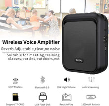 Load image into Gallery viewer, SHIDU Mini Voice Amplifier Portable Bluetooth Speaker with UHF Wireless Microphone Headset 10W 1800mAh PA system Supports MP3 Format Audio for Teachers, Coaches, Training, Tour Guide.
