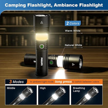 Load image into Gallery viewer, PHILIPS LED Rechargeable Flashlight with Ambient Lamp and Ignition Lens,Tactical Flashlights High Lumens with 2 Colors,Zoomable,5 Modes,Output,Flash Light for Camping Essentials,Outdoor, Home
