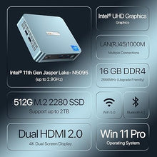 Load image into Gallery viewer, PELADN Mini PC, Intel 11th Gen N5095 (up to 2.9GHz) Win11 Pro, 16GB DDR4 RAM, 512GB SSD, 4K HD, BT4.2, Dual HDMI, WiFi 2.4G/5G, Gigabit Ethernet. Small Desktop PC
