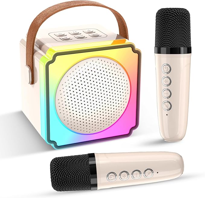 Mini Karaoke Machine for Kids and Adults,Portable Bluetooth Karaoke Machine with 2 Wireless Microphones, Kids Karaoke Machine for Home Party,Birthday Gifts for Girls Boys?Beige?