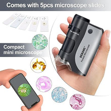 Load image into Gallery viewer, BEBANG Pocket Microscope,60X-120X Handheld Mini Microscope for Kids with LED Lighted Zoom, Portable Microscope Kits with 5 Pcs Slides for Adults Microbiological Observation Preschool Home Study Gifts
