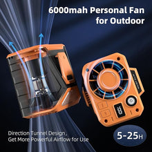 Load image into Gallery viewer, Waist Fan Presonal Outdoor Fan Portable, 6000mah Rechargeable Battery Powered, Clip Belt Fa with LED Emergy Flashing Light, 25H Strong Airflow Neck Fan for Working,Hiking,Biking,Camping,Orange
